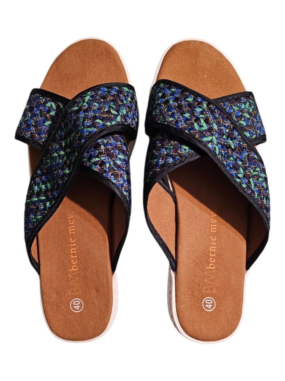 bernie mev. Woven Crisscross Slide Sandals in Blue and Green Metallic